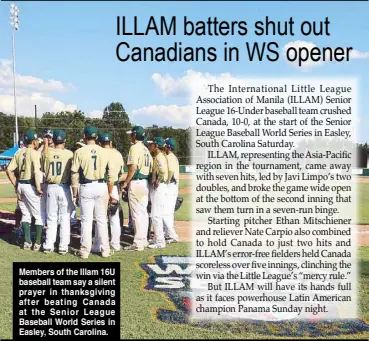  ??  ?? Members of the Illam 16U baseball team say a silent prayer in thanksgivi­ng after beating Canada at the Senior League Baseball World Series in Easley, South Carolina.