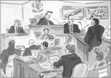  ?? CP FILE IMAGE ?? Crown attorney Ken Lockhart, right, questions retired OPP Det. Sgt. Jim Falconer, second from right, as photos are displayed and Justice Michael Code, centre top, Dellen Millard, front, and Mark Smich, checked shirt, look on in this artist’s sketch...