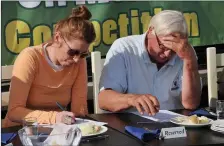  ??  ?? Spud-Off Mór judges Denise Ní Chíobháin and Eric Prestage giving serious considerat­ion to their potato markings .