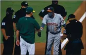  ?? JOSE CARLOS FAJARDO — BAY AREA NEWS GROUP FILE ?? Astros manager Dusty Baker says hello to A’s manager Bob Melvin before the start of their game at the Coliseum in Oakland on Sept. 7.