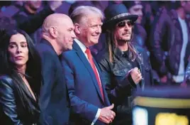  ?? FRANK FRANKLIN II/AP ?? UFC President Dana White, second from left, and Kid Rock pose for photograph­s Nov. 11 with Donald Trump at UFC 295 in New York.