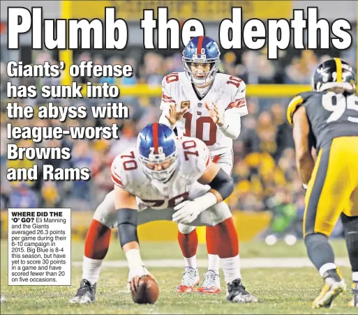  ??  ?? WHERE DID THE
‘O’ GO? Eli Manning and the Giants averaged 26.3 points per game during their 6-10 campaign in 2015. Big Blue is 8-4 this season, but have yet to score 30 points in a game and have scored fewer than 20 on five occasions.