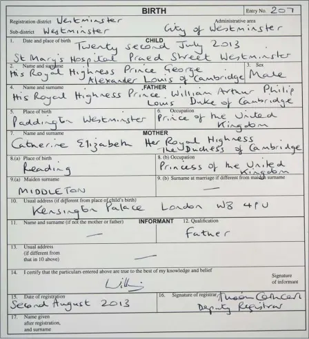  ?? Picture: PA ?? The birth register document was filled out by the registrar and then signed by Prince William