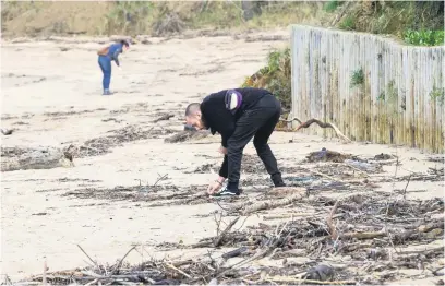  ?? Pictures: EPA-EFE ?? SIFTING THROUGH SAND. A man picks up plastic pellets washed up on Galicia’s coast at Ber beach in Pontedeume town, northweste­rn Spain on Tuesday. Millions of nurdles came from containers that fell from the Toconao last month.