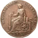  ??  ?? Could this be an industriou­s Britannia on this 1790 Halfpenny token?