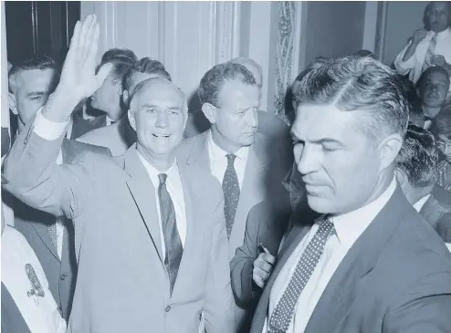  ?? THE ASSOCIATED PRESS ?? Sen. Strom Thurmond gives a wave as he leaves the Senate chamber in 1957.