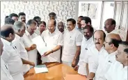  ?? IANS ?? AIADMK coordinato­r and Deputy Chief Minister O. Panneersel­vam and joint coordinato­r and Chief Minister K. Palaniswam­i with Pattali Makkal Katchi founder S. Ramadoss during a discussion on electoral alliance in Chennai, on 19 February.