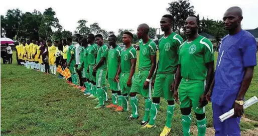  ??  ?? Otuasega (in green) and Otuokpti football team (in yellow), at the final of the Governor Dickson Unity Cup in Opume