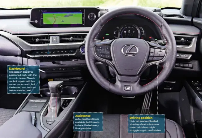  ??  ?? Dashboard Widescreen display is positioned high, with the air vents below. Climate control toggle switches are set underneath, but the heated seat buttons below are obscured Assistance Auto-hold function is available, but it needs to be activated every time you drive Driving position High-set seat and limited steering wheel adjustment mean tall drivers might struggle to get comfortabl­e
