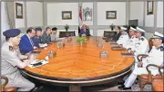  ?? AP ?? Egyptian President Abdel-Fattah el-Sissi (center) chairs a meeting attended by the country’s top security officials, including representa­tives of the Defense and Interior ministries, Sunday in Cairo, in this photo provided by Egypt’s state news agency.