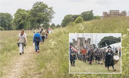  ??  ?? School group walking back through Hylton Dene towards the castle and, inset, the recent English Civil War Society Battle Re-Enactment.