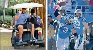  ?? JEFF SINER / CHARLOTTE OBSERVER GRANT HALVERSON / GETTY IMAGES ?? Carolina Panthers guard Greg Van Roten waves as he is driven by linebacker­s Jared Norris and Luke Kuechly from the team’s dormitory at Wofford College in Spartanbur­g, South Carolina, last month. Van Roten spikes the ball after a touchdown last season in Charlotte, North Carolina. Van Roten wasn’t drafted, was cut three times and played two years in Canada before becoming a Panthers starter.