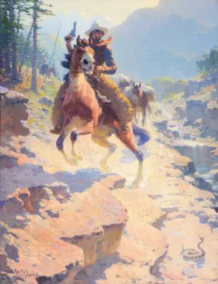  ??  ?? William R. Leigh (1866-1955), The Right of Way, oil on canvas, 28 x 22”