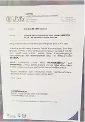  ??  ?? A memo, said to be from UMS Faculty of Humanities, Arts and Heritage, instructs Karma to vacate their operations room immediatel­y.