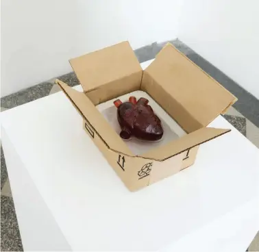  ?? ?? Robert Gober, Heart in a Box, 2014–15, corrugated aluminium, paper, paint, ink, plaster, cotton thread, plastic, cast glass, 16 × 33 × 30 cm. Courtesy the artist and Kristina Kite Gallery, Los Angeles