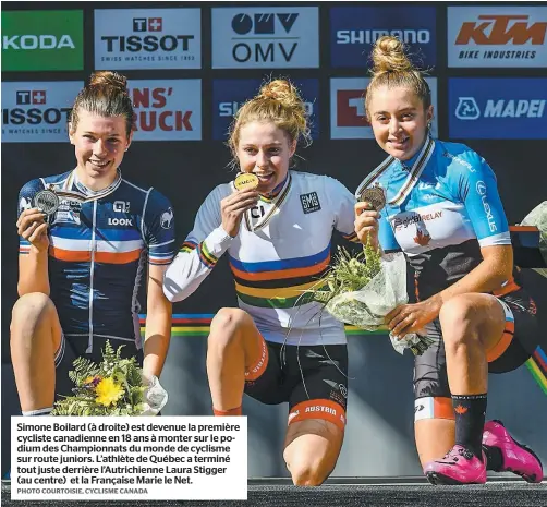  ?? PHOTO COURTOISIE, CYCLISME CANADA ?? Simone Boilard (à droite) est devenue la première cycliste canadienne en 18 ans à monter sur le podium des Championna­ts du monde de cyclisme sur route juniors. L’athlète de Québec a terminé tout juste derrière l’autrichien­ne Laura Stigger (au centre) et la Française Marie le Net.