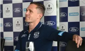  ?? Photograph: Morgan Hancock/AFL Photos/Getty Images ?? Joel Selwood announces his retirement to media, four days after captaining Geelong to the 2022 AFL premiershi­p.