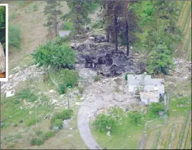  ?? DEAN BROUGHTON/ PentictonH­erald ?? Aerial view courtesy of Canadian Helicopter­s indicates the tremendous force of a blast that levelled a Summerland home in June 2002.