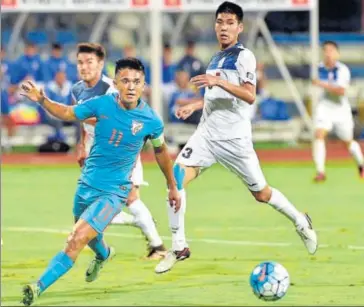  ?? PTI ?? Sunil Chhetri gave India a 10 win over Krygyz Republic in Bangalore on Tuesday to help top the group with six points.