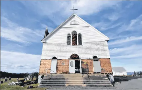  ?? TINA COMEAU ?? Where once parishione­rs walked these steps to gain entry to the church, there is only a shell of the property left inside – although it’s impressive, to say the least.