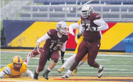  ?? STEPH CROSIER ?? Gee-Gees quarterbac­k Derek Wendel, centre, scores a touchdown during Ottawa’s wild 42-41 overtime victory over the Queen’s Gaels on Saturday at Richardson Stadium in Kingston. The Gee-Gees will play the Carleton Ravens on Saturday at MNP Park.