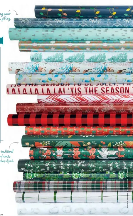  ??  ?? This fresh take on the traditiona­l red and green scheme boasts modern florals and touches of pink. Winter-themed wrapping paper goes beyond Christmas gifting.