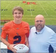  ??  ?? Zack McCormick with Noblitt, Goss and Associates Insurance Services presents the award for the week of Sept. 10 to LaFayette’s Jacob Zwiger. The senior had 10 carries for 46 yards and scored a career-high four touchdowns in the Ramblers’ 39-0 Region 6-AAA victory at LFO.