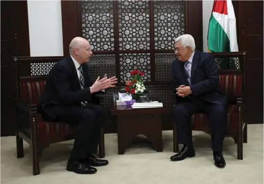  ?? (Reuters) ?? PALESTINIA­N PRESIDENT Mahmoud Abbas meets with Jason Greenblatt, US President Donald Trump’s Middle East envoy, in Ramallah in March.