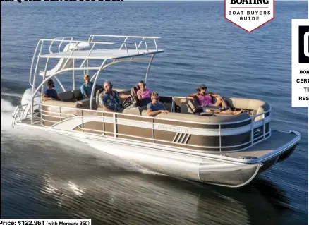  ?? ?? Price: $122,961 (with Mercury 250)
SPECS: LOA: 29'8" BEAM: 8'6" DRAFT (MAX): 1'2" (tubes); 2'7" (engine) DRY WEIGHT: 3,961 lb. SEAT/WEIGHT CAPACITY: 12/1,891 lb. FUEL CAPACITY: 32 gal. HOW WE TESTED: ENGINE: Mercury 250 DRIVE/PROP: Outboard/Mercury Enertia 15" x 15" 3-blade stainless steel GEAR RATIO: 1.85:1 FUEL LOAD: 30 gal. CREW WEIGHT: 360 lb.