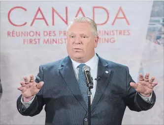  ?? RYAN REMIORZ
THE CANADIAN PRESS ?? Ontario Premier Doug Ford at the first ministers’ meeting in Montreal on Friday. Ford accused Prime Minister Justin Trudeau of requiring Ontario to cut its greenhouse-gas emissions more than expected.