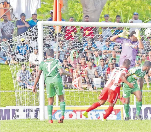  ?? Picture: BALJEET SINGH ?? Ilisoni Logaivau heads home a goal for Labasa against Nadi during the Courts IDC yesterday.