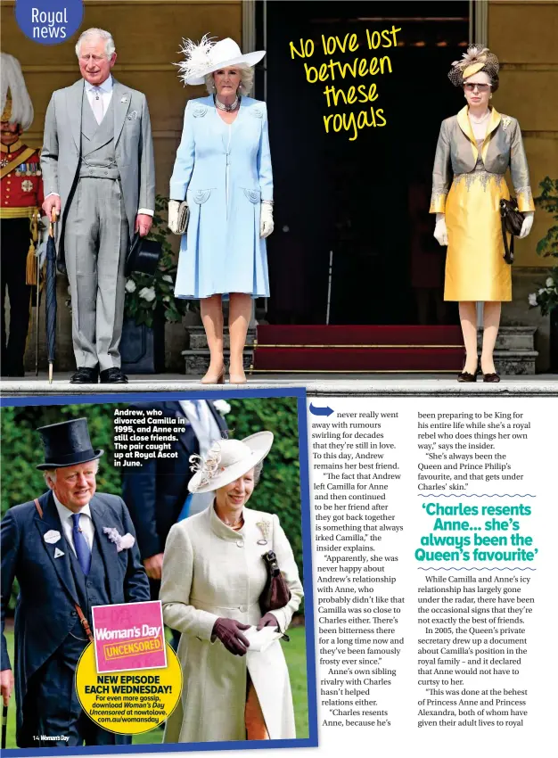  ??  ?? Andrew, who divorced Camilla in 1995, and Anne are still close friends. The pair caught up at Royal Ascot in June.