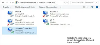  ??  ?? The batch file will create a new network device called a ‘Microsoft hosted network’.