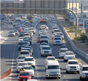  ?? — Photo by M. Sajjad ?? Slow moving traffic heading towards Sharjah, on the Dubai–Sharjah highway near Safeer Mall during the afternoon hours in the first week of Ramadan this year.