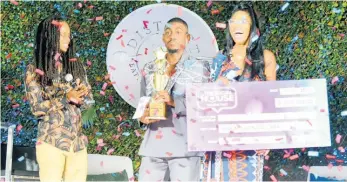  ?? KENYON HEMANS PHOTOS ?? Tonya ‘Ton Travels’ Williams (right) is delighted after winning season two of ‘The Social House’. Looking on is second-place finisher Ethan ‘Yaadman Etan’ Campbell-Reid (left) and host Rushane ‘Rush Cam’ Campbell.