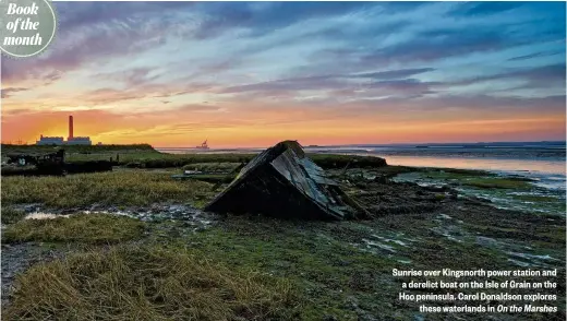  ??  ?? Sunrise over Kingsnorth power station and a derelict boat on the Isle of Grain on the Hoo peninsula. Carol Donaldson explores these waterlands in On the Marshes