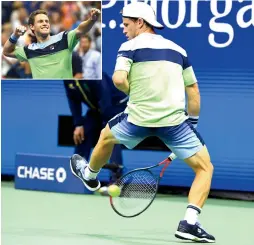  ?? (Reuters) ?? DIEGO SCHWARTZMA­N (and inset) hits a return between his legs during his fourth-round four-set victory over Alexander Zverev late Monday night at the US Open.