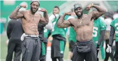  ?? TROY FLEECE ?? Willie Jefferson, left, A.C. Leonard and the Saskatchew­an Roughrider­s have flexed their muscles this season and are on the verge of snapping a two-year playoff drought.