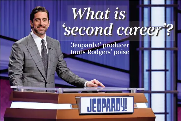  ?? CAROL KAELSON/JEOPARDY PRODUCTION­S VIA AP ?? Packers quarterbac­k Aaron Rodgers will finish his turn as “Jeopardy!” guest host on Friday.