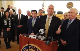  ?? Photo by Russ Olivo ?? A group of municipal leaders, including Pawtucket Mayor Donald Grebien, Cumberland Mayor William Murray, and Central Falls Mayor James Diossa, gathered at North Providence Town Hall on Monday to announce a joint lawsuit against a number of drug...