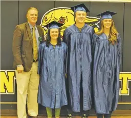  ?? BY JANET ROBEY ?? RCHS Principal Michael Tupper with seniors Kayla Robey, Josh Racer and Julia Estes, who all received recognitio­n for earning college credit hours while simultaneo­usly completing their high school curriculum.