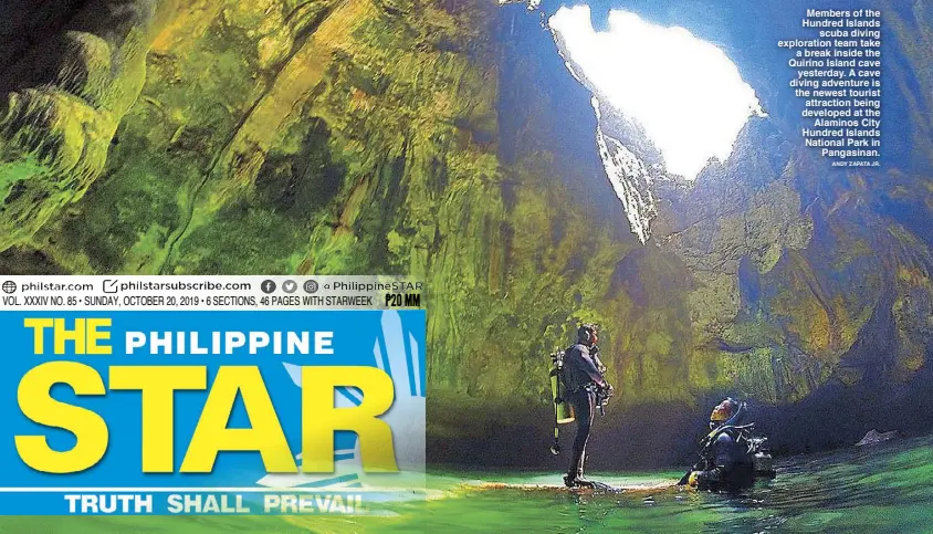  ?? ANDY ZAPATA JR. ?? Members of the Hundred Islands scuba diving exploratio­n team take a break inside the Quirino Island cave yesterday. A cave diving adventure is the newest tourist attraction being developed at the Alaminos City Hundred Islands National Park in Pangasinan.