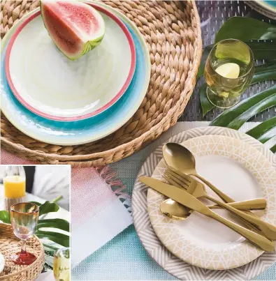  ??  ?? Right, clockwise from top left: Woven tray, £20; blue melamine dinner plate, £20 for four; yellow melamine side plate, £12 for four; coloured wine glass, £8 for four; Medina plates, part of a 12-piece dinner set, £35; 16-piece gold-effect cutlery set,...