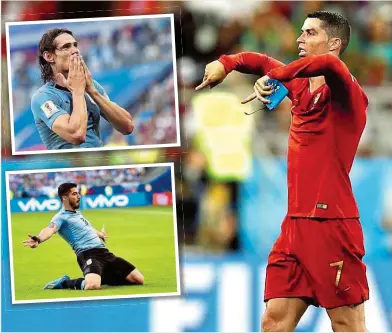  ??  ?? Mit w em geht es im Achtelfina­le bergab, w ie Ronaldo anzeigt: Mit ihm oder mit seinen Gegnern Cavani ( li. o.) und Suárez ( li. u.)?