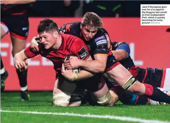  ?? SPORTSFILE ?? Jack O’Donoghue goes over for a try against the Dragons last month at Irish Independen­t Park, which is quickly becoming his lucky ground