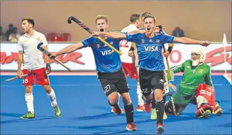  ?? PTI PHOTO ?? Lucas Vila of Argentina celebrates after scoring against England during their quarterfin­al at Hockey World League Final.