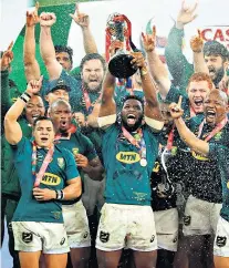  ??  ?? Setting standard: South Africa celebrate their victory in the third Test, but can they also win the Rugby Championsh­ip?