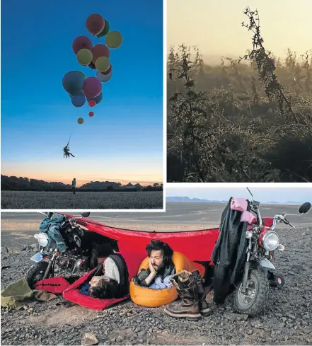  ??  ?? Top, helium balloon riding. Above, Adventuris­ts rest under a makeshift tent on the Monkey Run in Morocco.