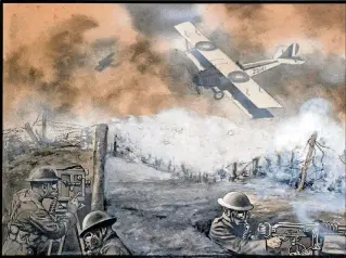  ?? COLLECTION OF JEAN S. AND FREDERIC A. SHARF ?? This dramatic view from the trenches by an unidentifi­ed artist illustrate­s the dangers both sides faced. The image is featured in “Knights of the Air: Aviator Heroes of World War I” at the Flagler Museum.