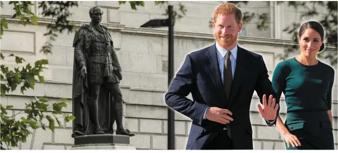  ??  ?? A Sinn Féin TD has proposed removing the Prince Albert statue in the grounds of Leinster House to make way more parking space available to TDs and senators. Inset: Prince Harry and Meghan